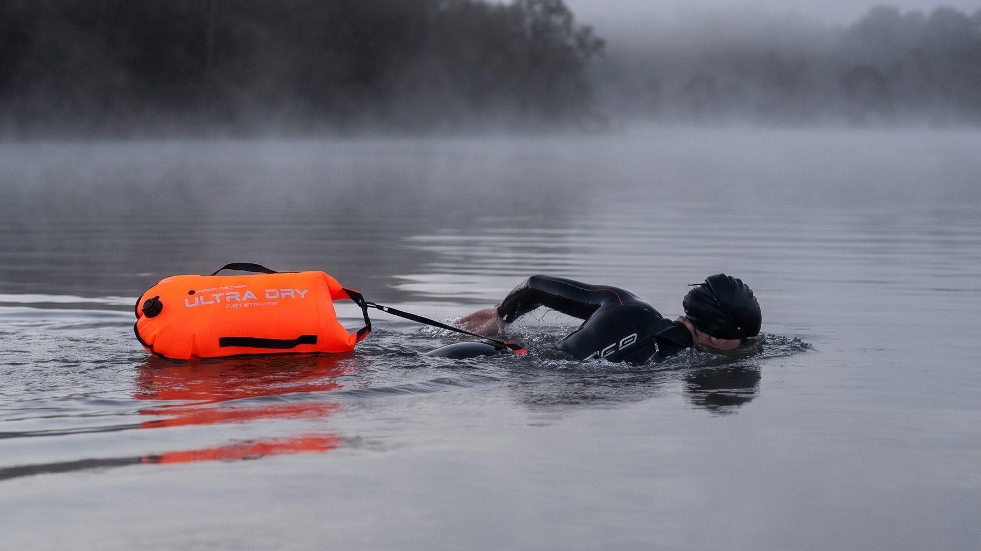 Swimmer front-crawling across a misty lake at dawn towing an orange Ultra Dry tow float